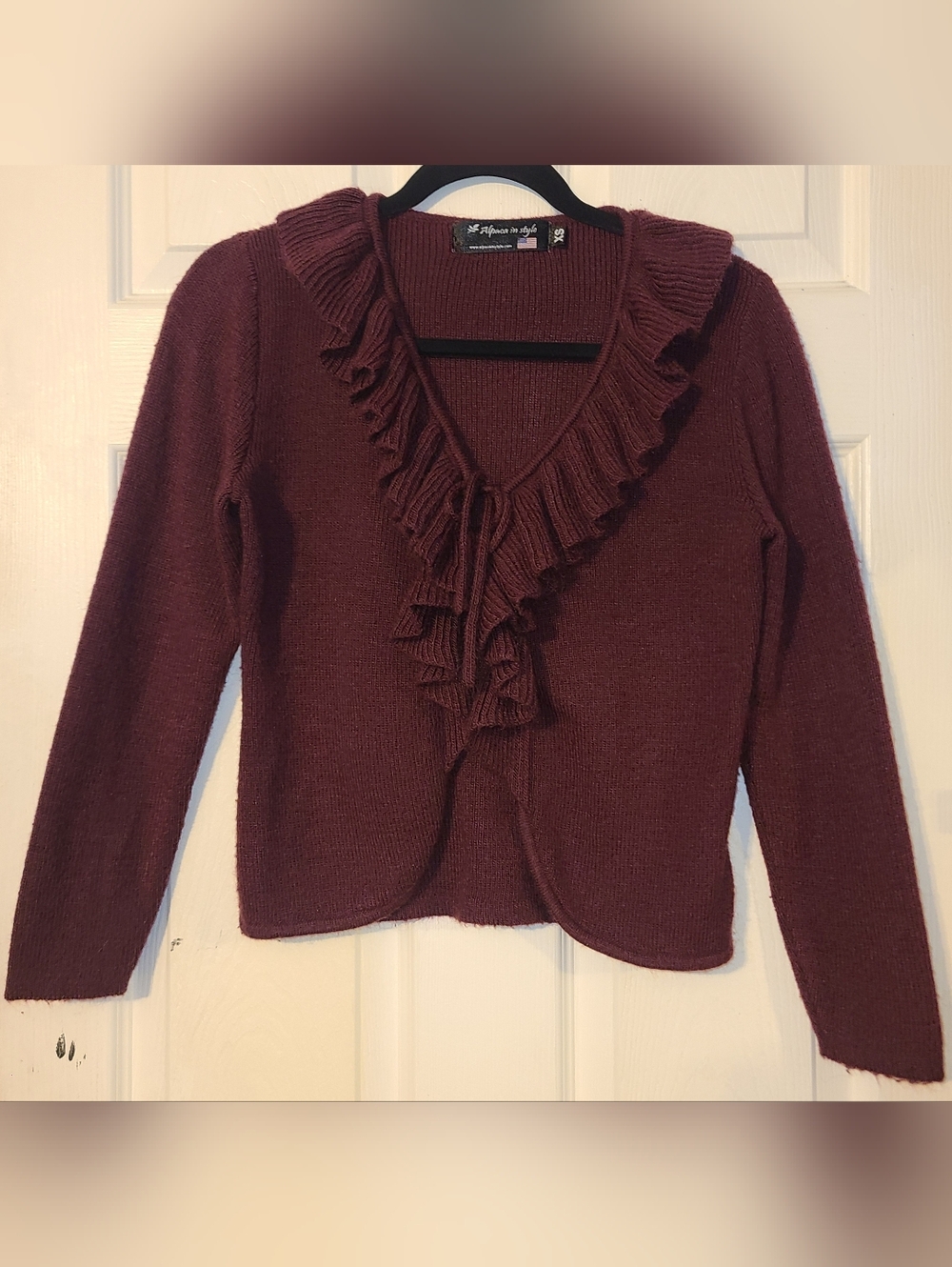 Alpaca in style Burgundy Ruffle Tie Front Knit Cardigan Sweater XS